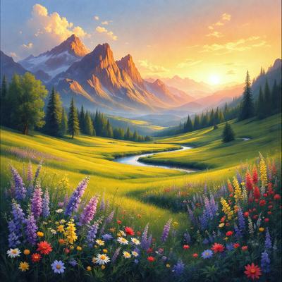 The primary subject of the image is a beautiful, colorful field filled with a variety of flowers. The setting is a lush, green valley with mountains in the background. The visual style is a painting, which adds a sense of artistic expression and vibrancy to the scene. The colors and mood of the image are predominantly warm and inviting, with the flowers and mountains creating a serene and picturesque landscape.